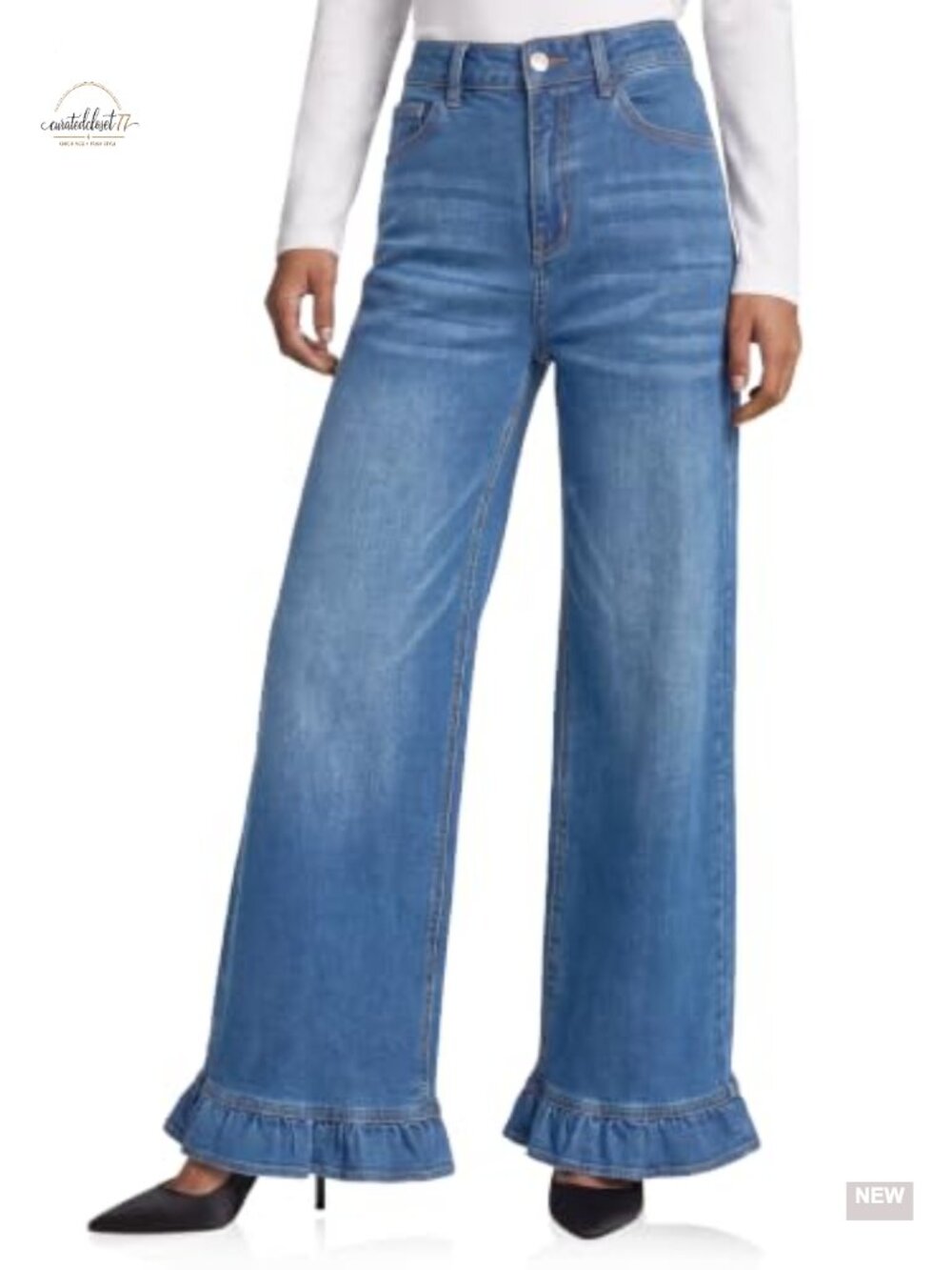 High Waisted Ruffle Hem Wide Leg Stretch Denim Jeans Loose Baggy